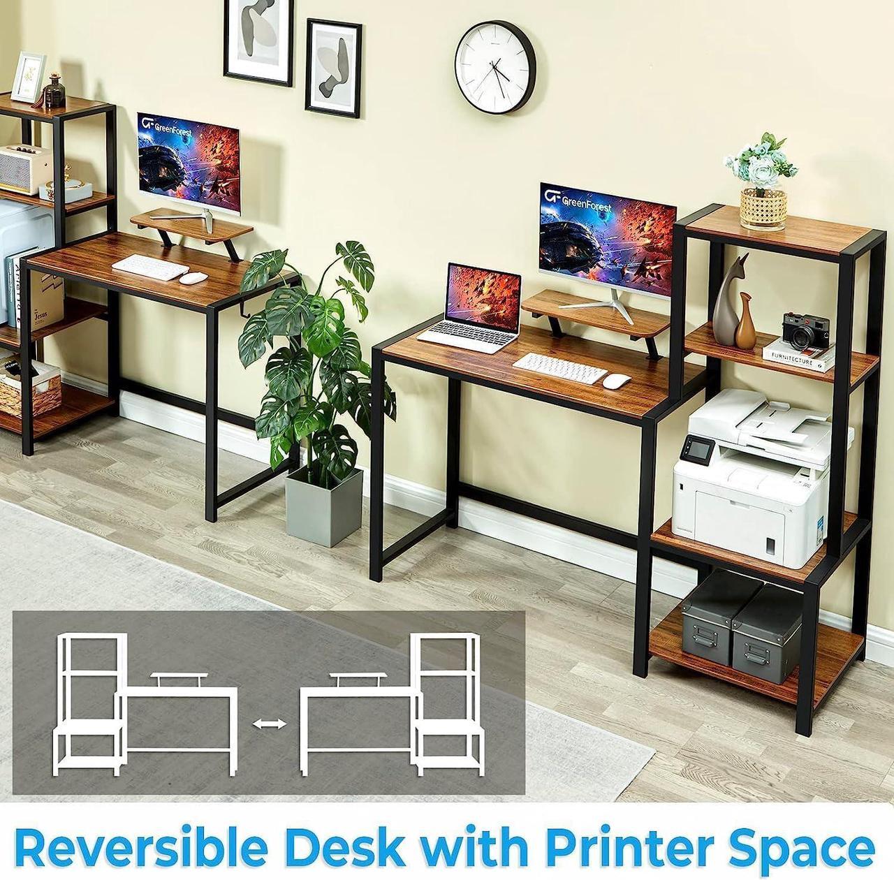 Alt view image 6 of 7 - GreenForest Computer Desk 58 inch with Storage Printer Shelf Reversible Home Office Desk with Movable Monitor Stand and 2 Headphone Hooks for Study Writing PC Gaming Working, Walnut