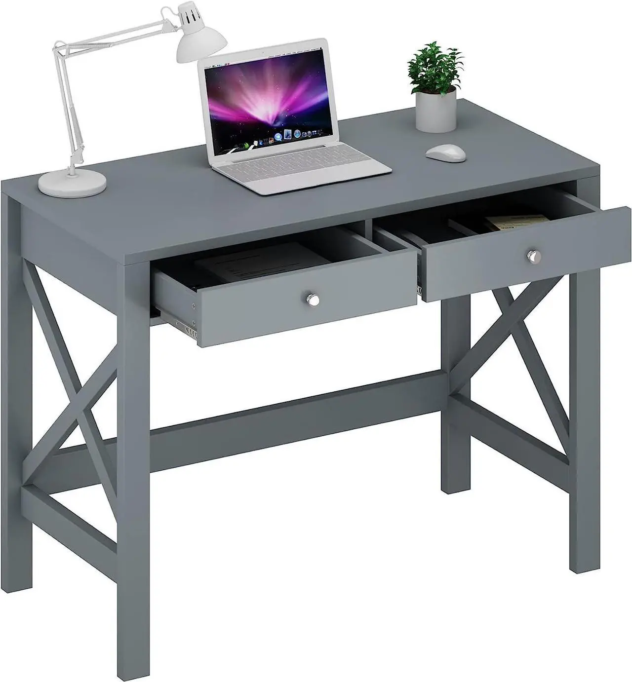 ChooChoo Home Office Desk Writing Computer Table Modern Design Desk with Drawers, Grey