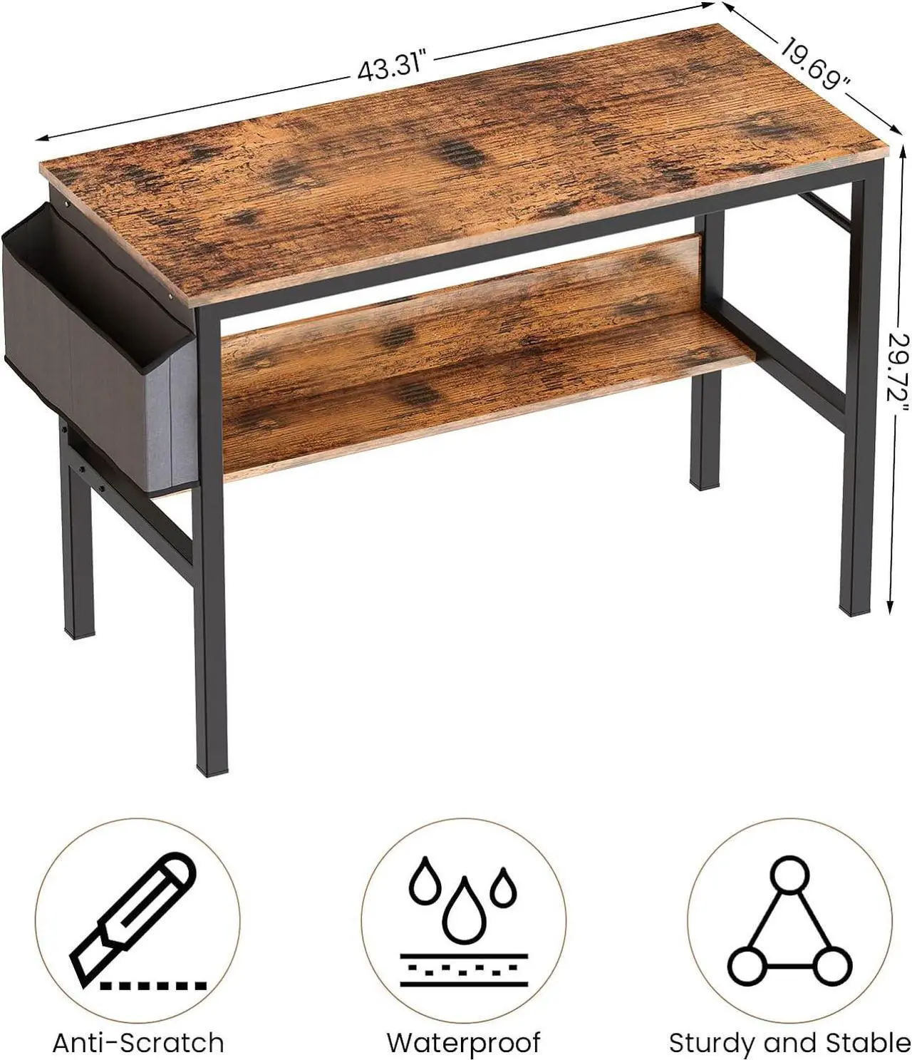 Alt view image 3 of 7 - DKLGG Small Computer Desk Study Table, 43 Inch Home Office Laptop Table for Small Spaces, Modern Work Writing Table with Storage Bag & Headphone Hook, Rustic Brown