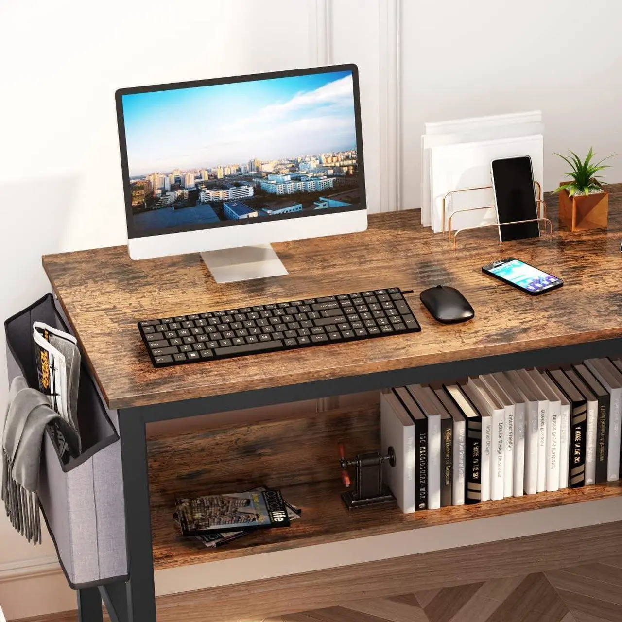 Alt view image 6 of 7 - DKLGG Small Computer Desk Study Table, 43 Inch Home Office Laptop Table for Small Spaces, Modern Work Writing Table with Storage Bag & Headphone Hook, Rustic Brown