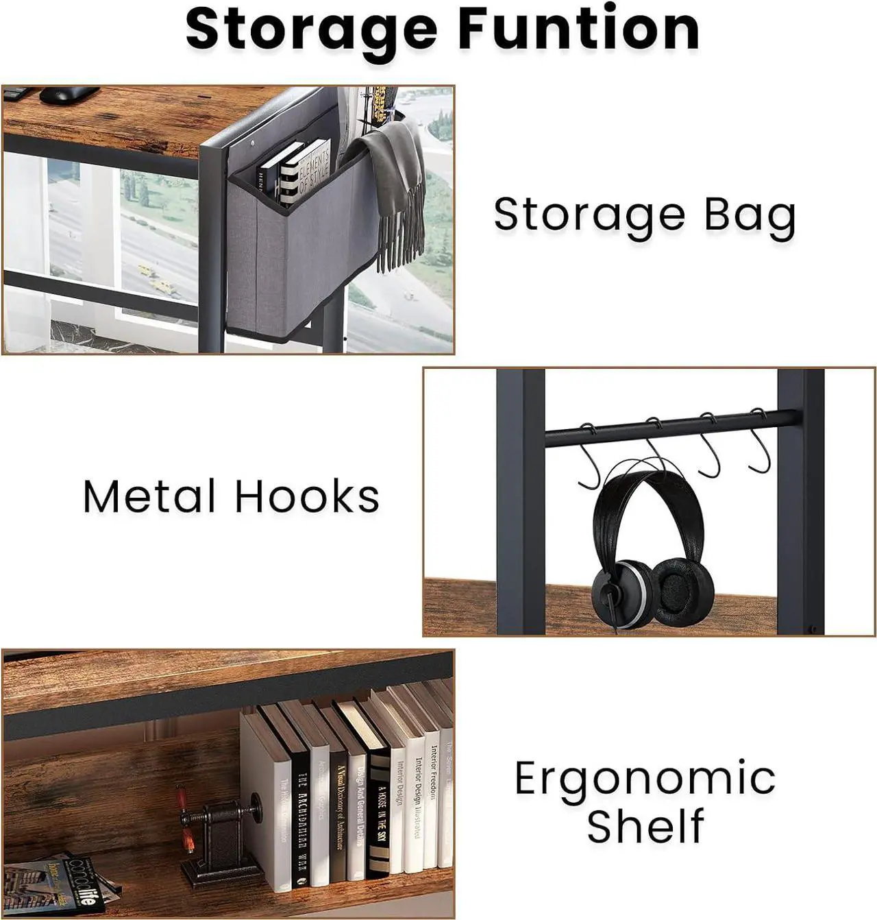 Alt view image 5 of 7 - DKLGG Small Computer Desk Study Table, 43 Inch Home Office Laptop Table for Small Spaces, Modern Work Writing Table with Storage Bag & Headphone Hook, Rustic Brown