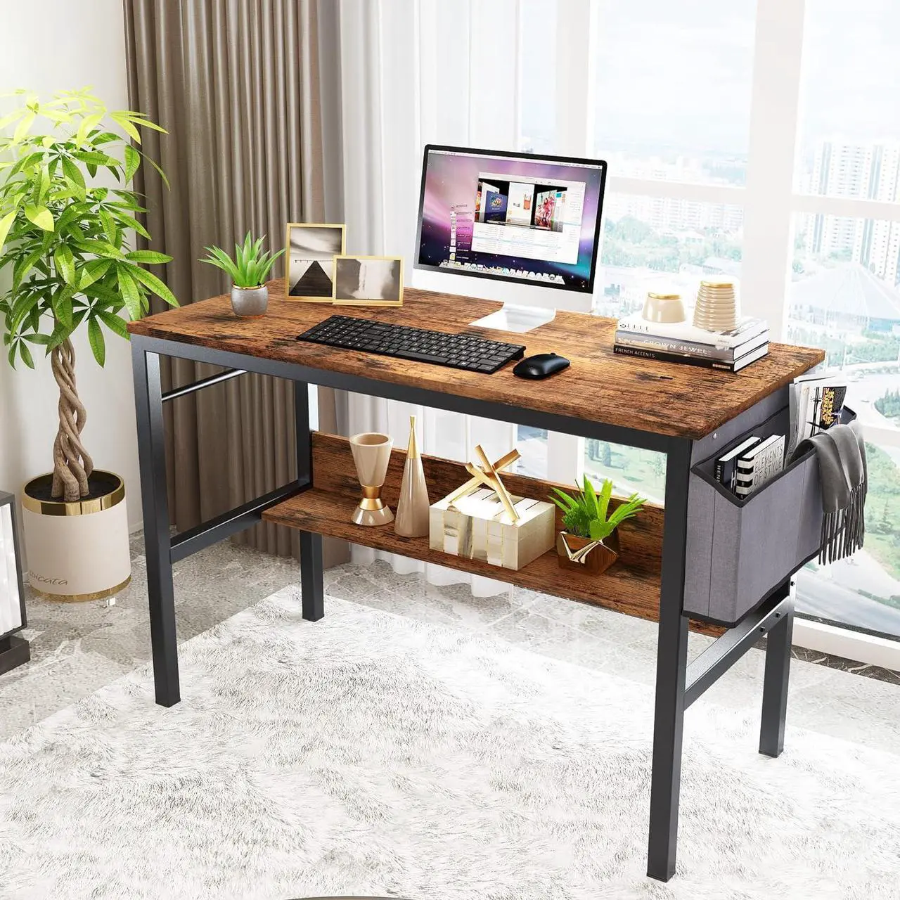 Alt view image 2 of 7 - DKLGG Small Computer Desk Study Table, 43 Inch Home Office Laptop Table for Small Spaces, Modern Work Writing Table with Storage Bag & Headphone Hook, Rustic Brown