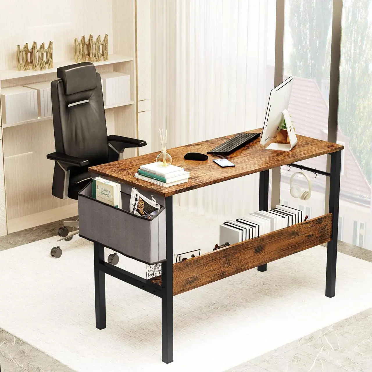 Alt view image 7 of 7 - DKLGG Small Computer Desk Study Table, 43 Inch Home Office Laptop Table for Small Spaces, Modern Work Writing Table with Storage Bag & Headphone Hook, Rustic Brown