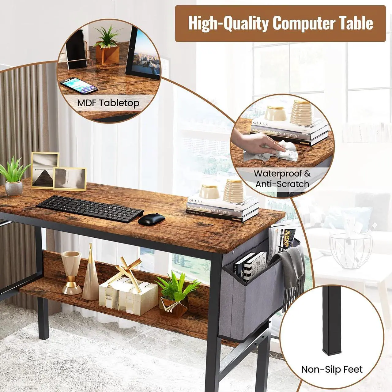 Alt view image 4 of 7 - DKLGG Small Computer Desk Study Table, 43 Inch Home Office Laptop Table for Small Spaces, Modern Work Writing Table with Storage Bag & Headphone Hook, Rustic Brown