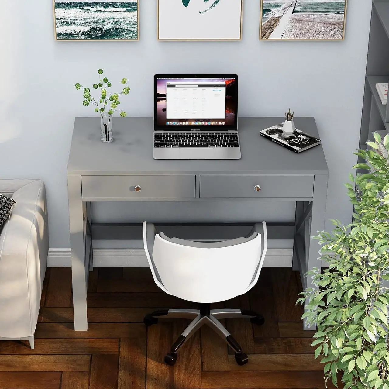 ChooChoo Home Office Desk Writing Computer Table Modern Design Desk with Drawers, Grey - Thumbnail 5