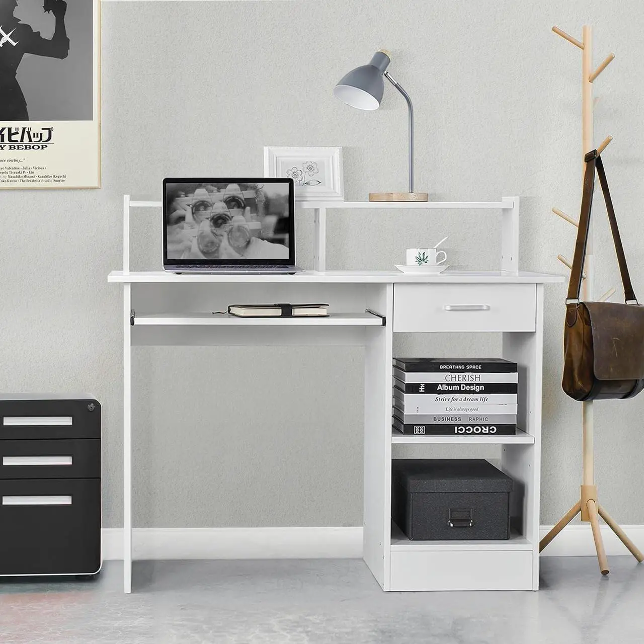 Alt view image 2 of 7 - Yaheetech Desk with Keyboard Tray, Home Office Computer Desk Wooden PC Laptop Desk, Morden Sturdy Study Writing Table, White