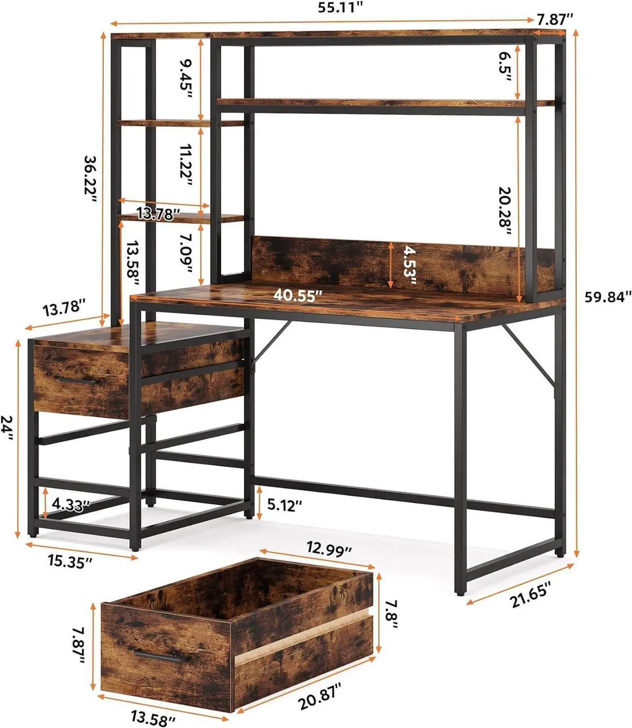 Alt view image 2 of 7 - Tribesigns 55 Inch Computer Desk with 2 Drawers and Storage Shelves, Rustic Office Desk with Hutch, Study Writing Gaming Table Laptop Workstation for Home Office (Brown)