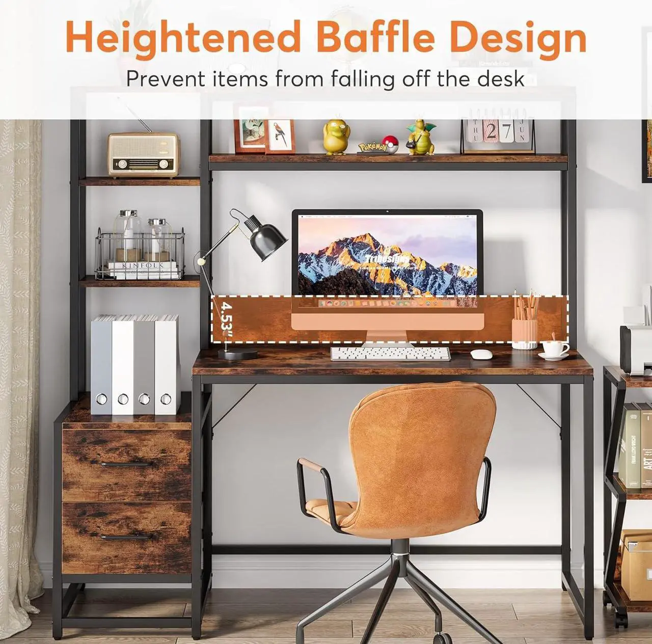 Alt view image 4 of 7 - Tribesigns 55 Inch Computer Desk with 2 Drawers and Storage Shelves, Rustic Office Desk with Hutch, Study Writing Gaming Table Laptop Workstation for Home Office (Brown)