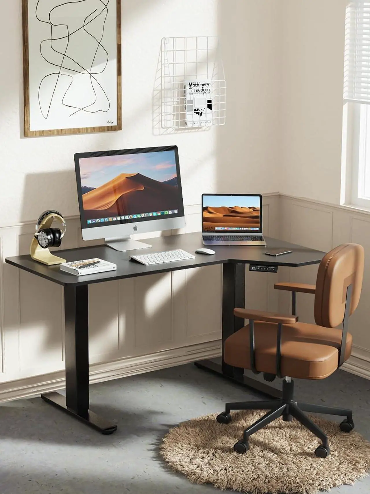 Alt view image 2 of 7 - Marsail L Shaped Electric Standing Desk, 55x34 Inch Standing Desk Adjustable Height with Headphone Hook, Large Computer Desk Sit Stand Desk for Home Office Sturdy Writing Workstation