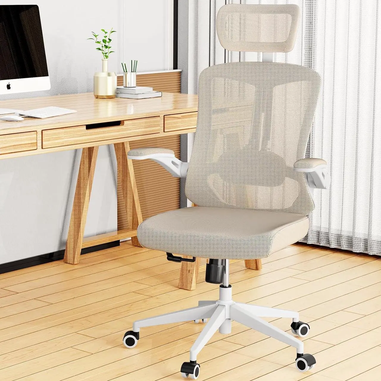 Main image of Desk Office Chair, Ergonomic High Back Comfy Computer Chairs with Wheels, Swivel Gaming Home Mesh Chair Comfortable Lumbar Support, Comfy Arms for Study, Home,BedroomKhaki