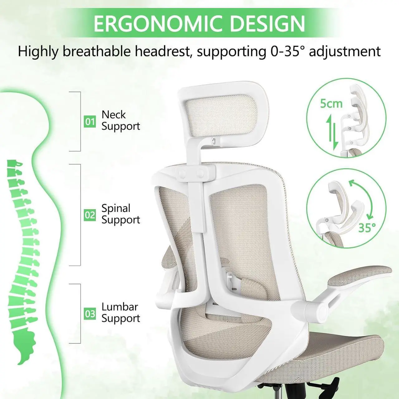Alt view image 3 of 7 - Desk Office Chair, Ergonomic High Back Comfy Computer Chairs with Wheels, Swivel Gaming Home Mesh Chair Comfortable Lumbar Support, Comfy Arms for Study, Home,BedroomKhaki
