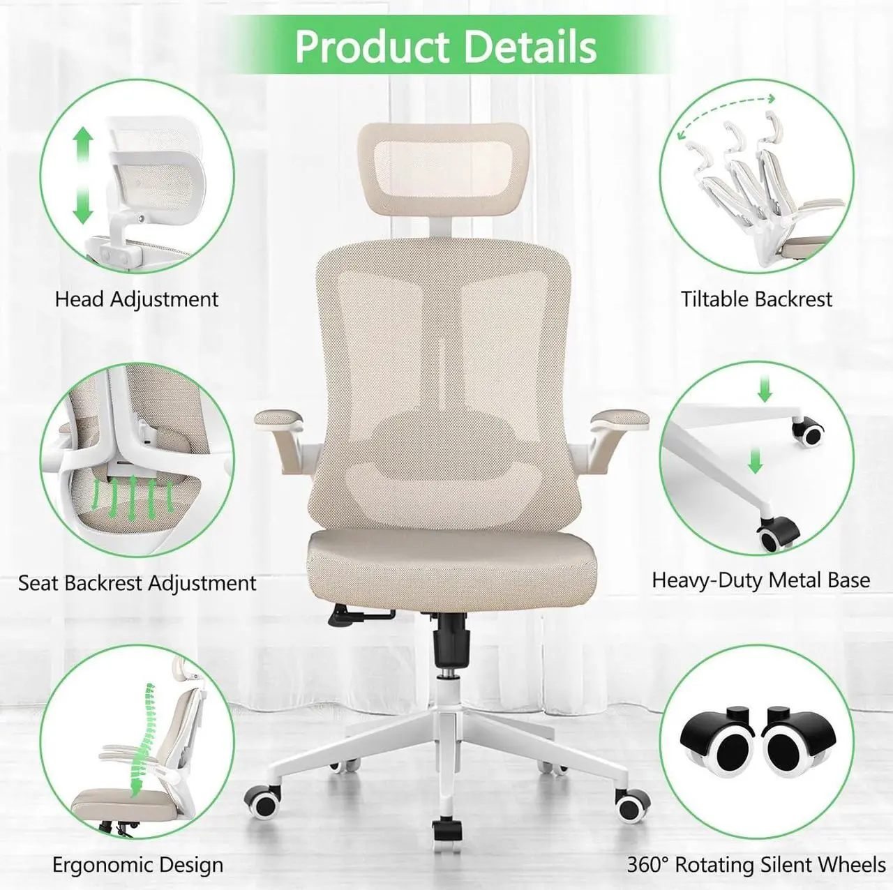 Alt view image 4 of 7 - Desk Office Chair, Ergonomic High Back Comfy Computer Chairs with Wheels, Swivel Gaming Home Mesh Chair Comfortable Lumbar Support, Comfy Arms for Study, Home,BedroomKhaki