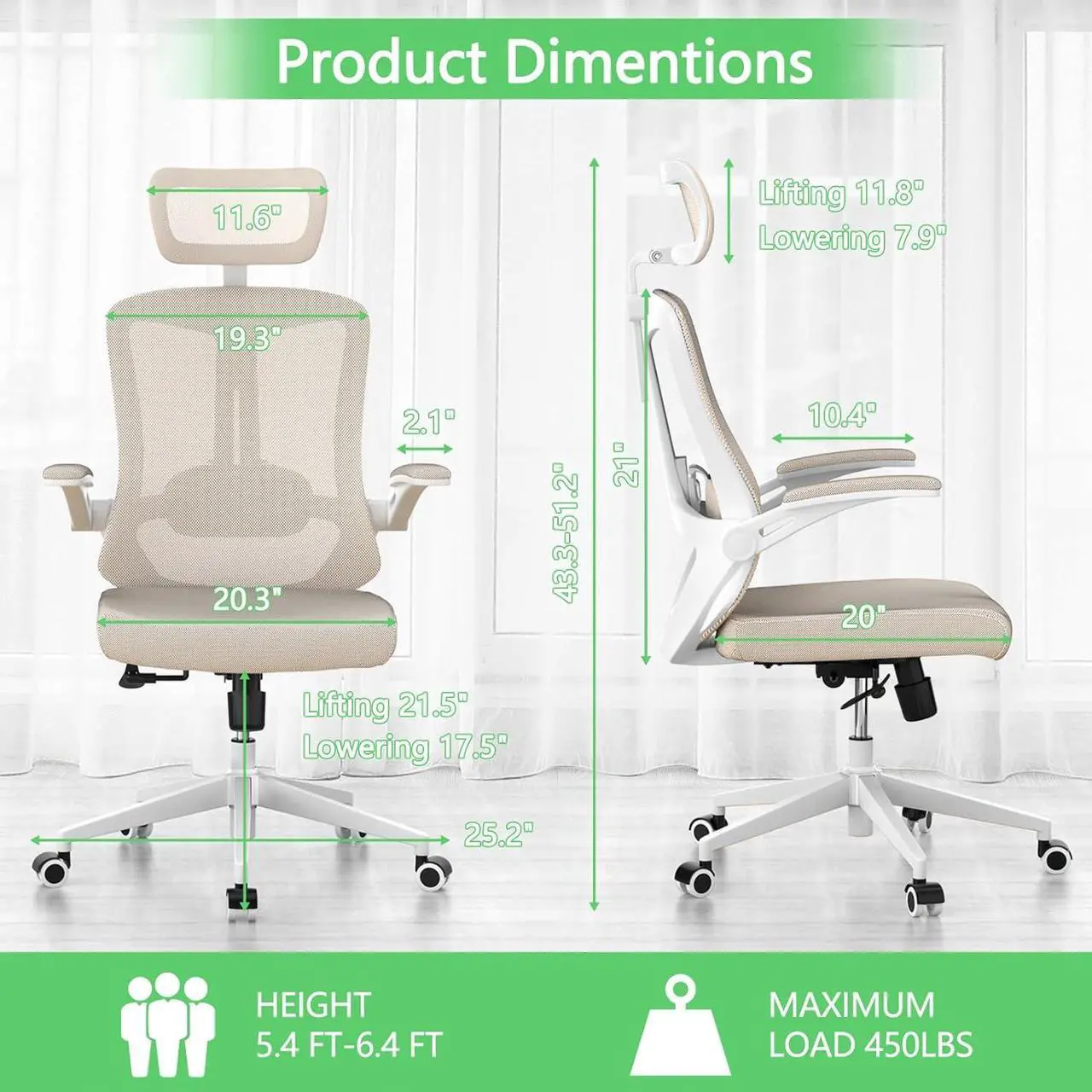 Alt view image 6 of 7 - Desk Office Chair, Ergonomic High Back Comfy Computer Chairs with Wheels, Swivel Gaming Home Mesh Chair Comfortable Lumbar Support, Comfy Arms for Study, Home,BedroomKhaki