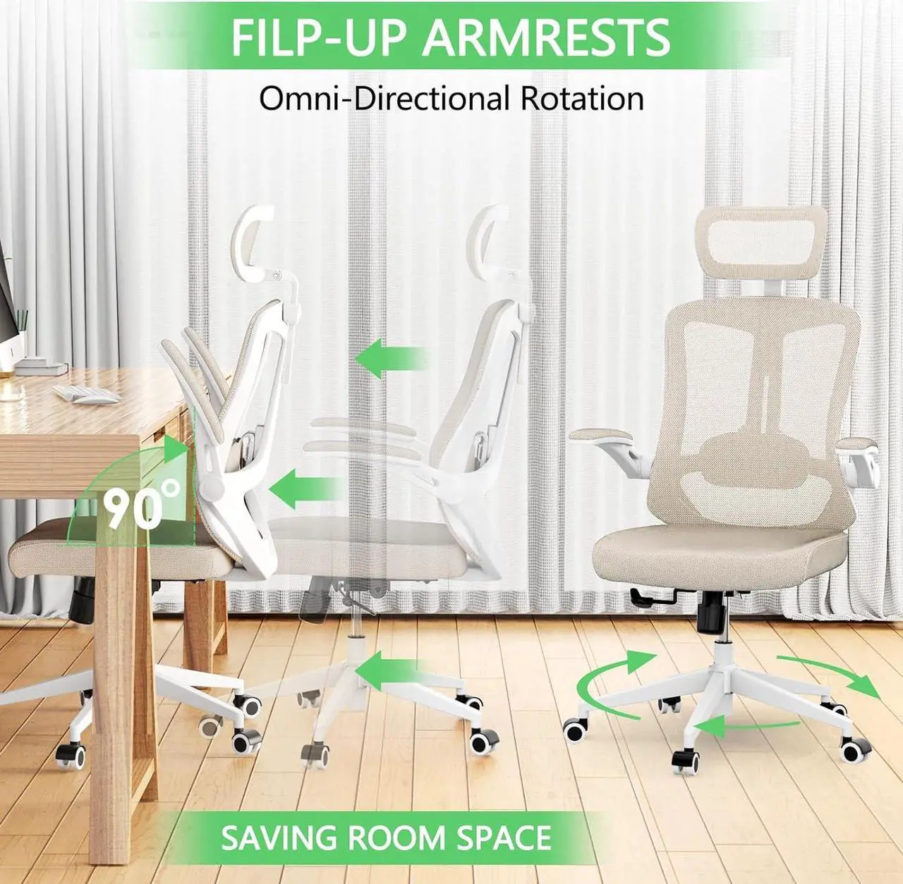 Alt view image 7 of 7 - Desk Office Chair, Ergonomic High Back Comfy Computer Chairs with Wheels, Swivel Gaming Home Mesh Chair Comfortable Lumbar Support, Comfy Arms for Study, Home,BedroomKhaki