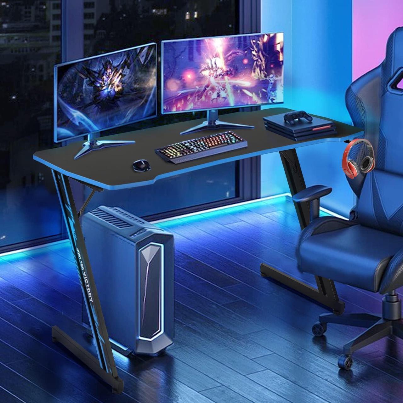 Main image of Dkelincs 47 inch Gaming Desk Z-Shaped Computer Desk PC Computer Table Home Office Desk Ergonomic Gamer Workstation with Headphone Hook, Blue