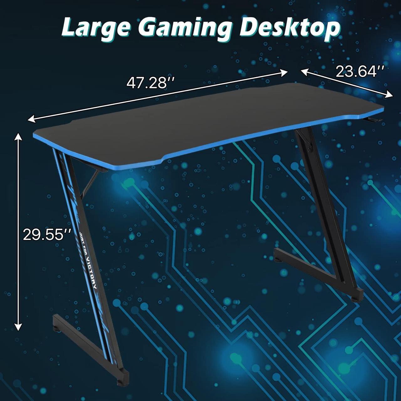 Alt view image 2 of 7 - Dkelincs 47 inch Gaming Desk Z-Shaped Computer Desk PC Computer Table Home Office Desk Ergonomic Gamer Workstation with Headphone Hook, Blue