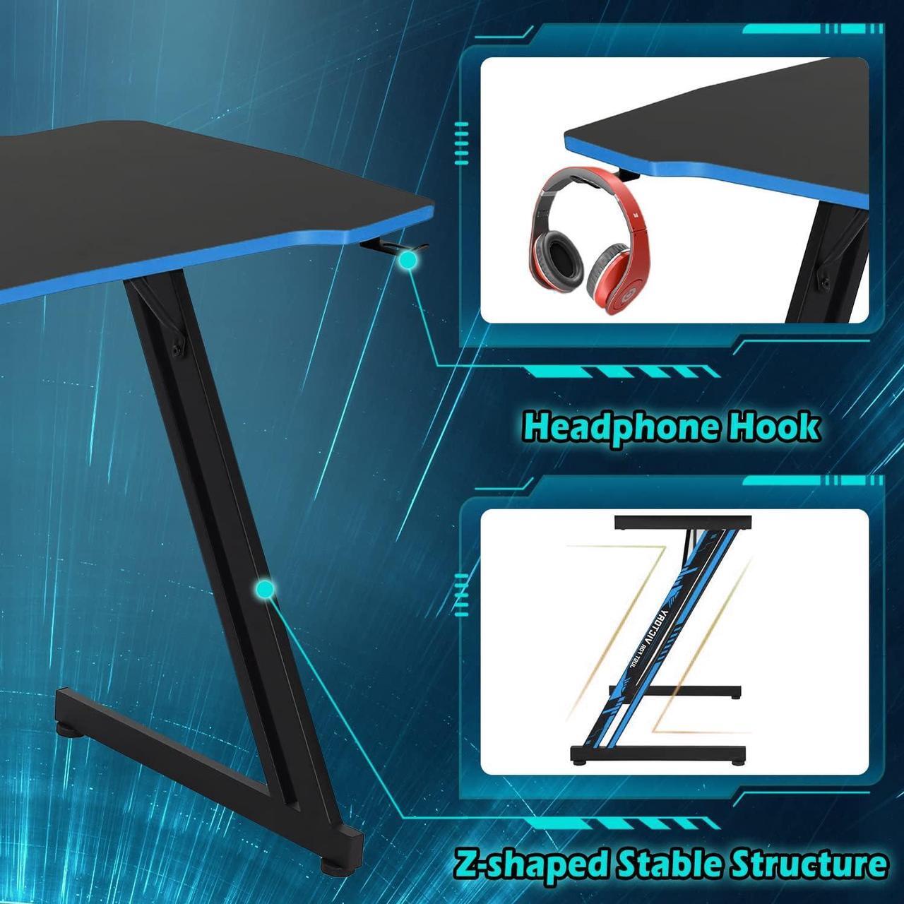 Alt view image 3 of 7 - Dkelincs 47 inch Gaming Desk Z-Shaped Computer Desk PC Computer Table Home Office Desk Ergonomic Gamer Workstation with Headphone Hook, Blue