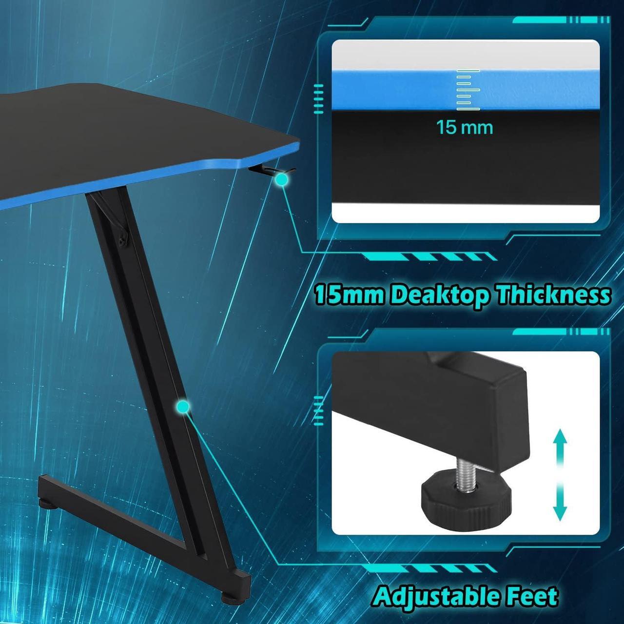 Alt view image 4 of 7 - Dkelincs 47 inch Gaming Desk Z-Shaped Computer Desk PC Computer Table Home Office Desk Ergonomic Gamer Workstation with Headphone Hook, Blue