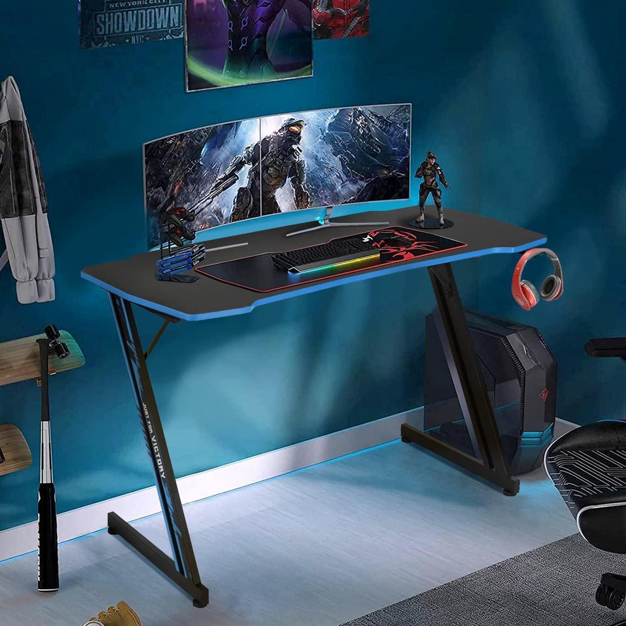 Alt view image 7 of 7 - Dkelincs 47 inch Gaming Desk Z-Shaped Computer Desk PC Computer Table Home Office Desk Ergonomic Gamer Workstation with Headphone Hook, Blue