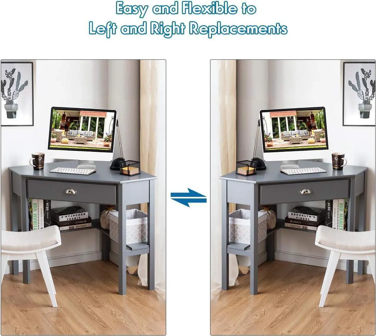 Alt view image 5 of 7 - SILKYDRY Corner Computer Desk, Space-Saving Corner Table with Drawer & Shelves, Home Office 90° Triangle Corner Workstation, Modern Makeup Vanity Table, Small Corner Desk for Small Spaces (Grey)