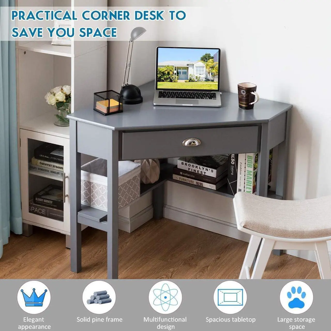 Alt view image 4 of 7 - SILKYDRY Corner Computer Desk, Space-Saving Corner Table with Drawer & Shelves, Home Office 90° Triangle Corner Workstation, Modern Makeup Vanity Table, Small Corner Desk for Small Spaces (Grey)
