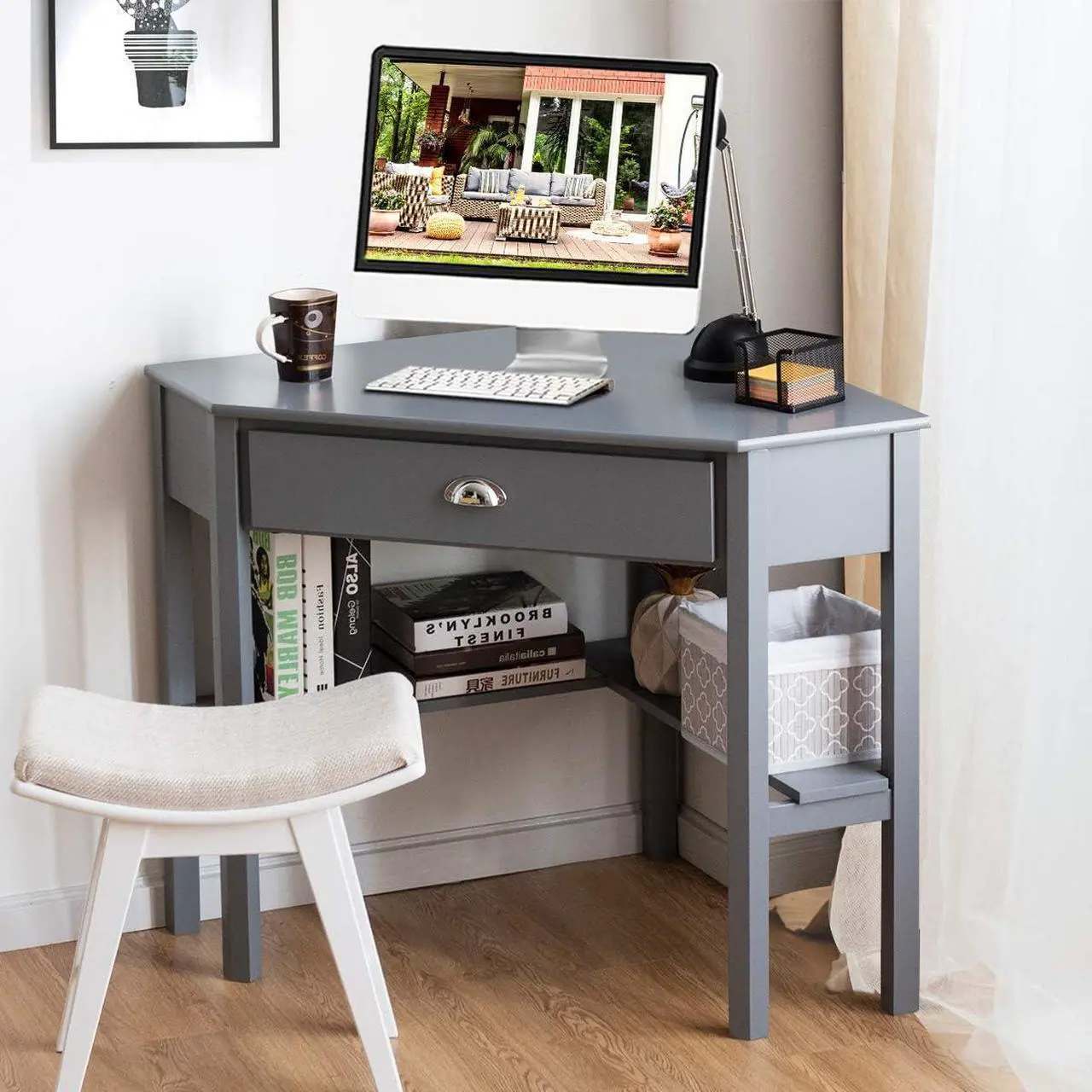 Alt view image 7 of 7 - SILKYDRY Corner Computer Desk, Space-Saving Corner Table with Drawer & Shelves, Home Office 90° Triangle Corner Workstation, Modern Makeup Vanity Table, Small Corner Desk for Small Spaces (Grey)