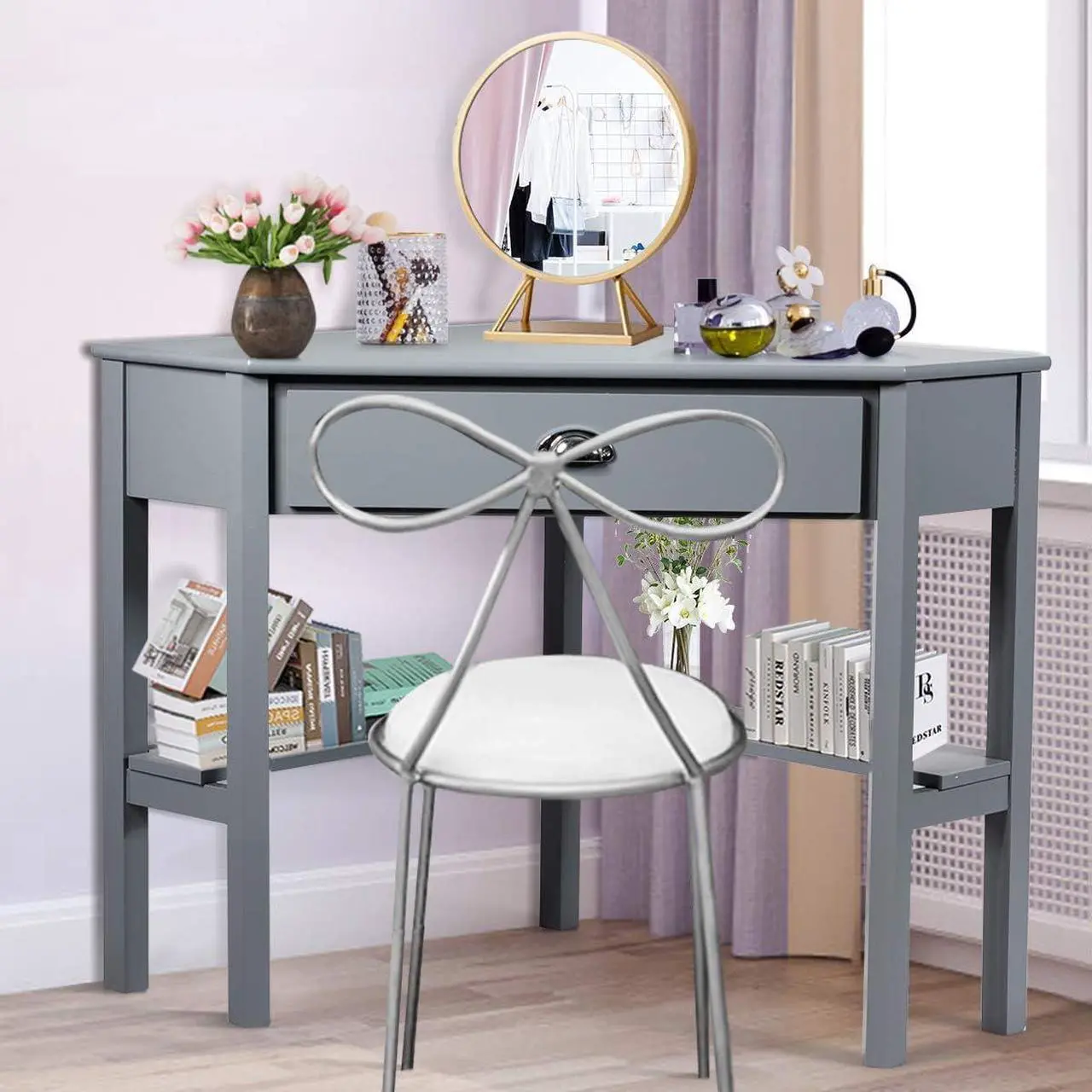 Alt view image 6 of 7 - SILKYDRY Corner Computer Desk, Space-Saving Corner Table with Drawer & Shelves, Home Office 90° Triangle Corner Workstation, Modern Makeup Vanity Table, Small Corner Desk for Small Spaces (Grey)