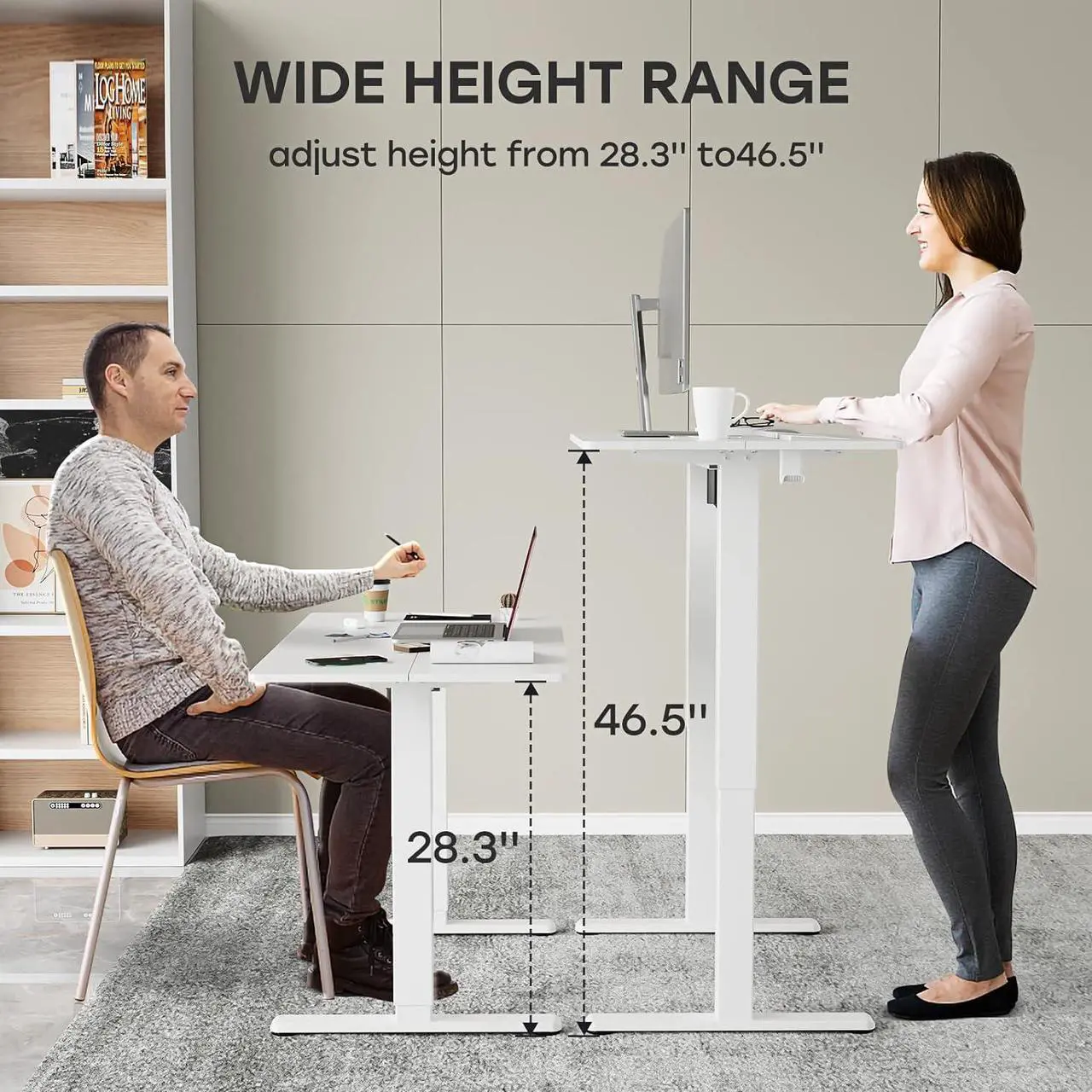 Alt view image 3 of 7 - JYLH JOYSEEKER White Standing Desk, 48 X 24 Inch Adjustable Height Electric Desk, Sit Stand Desk with 2 Hooks, Ergonomic Rising Desk with Memory Controller