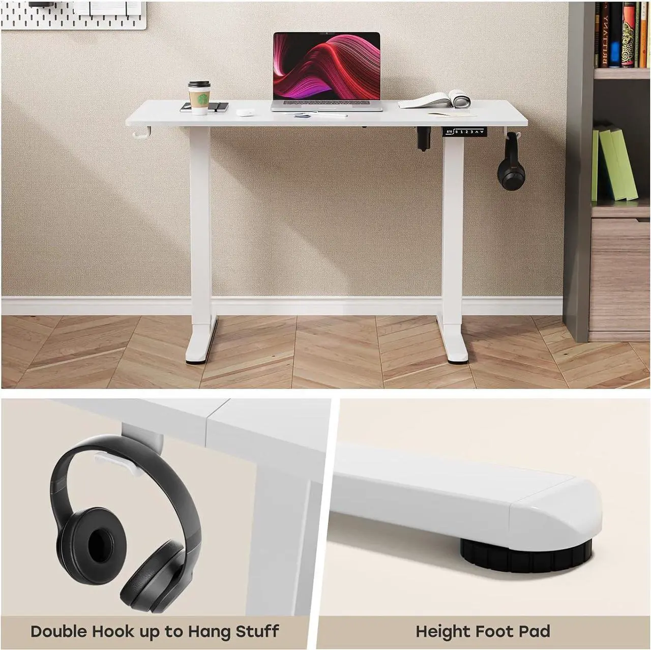 Alt view image 7 of 7 - JYLH JOYSEEKER White Standing Desk, 48 X 24 Inch Adjustable Height Electric Desk, Sit Stand Desk with 2 Hooks, Ergonomic Rising Desk with Memory Controller