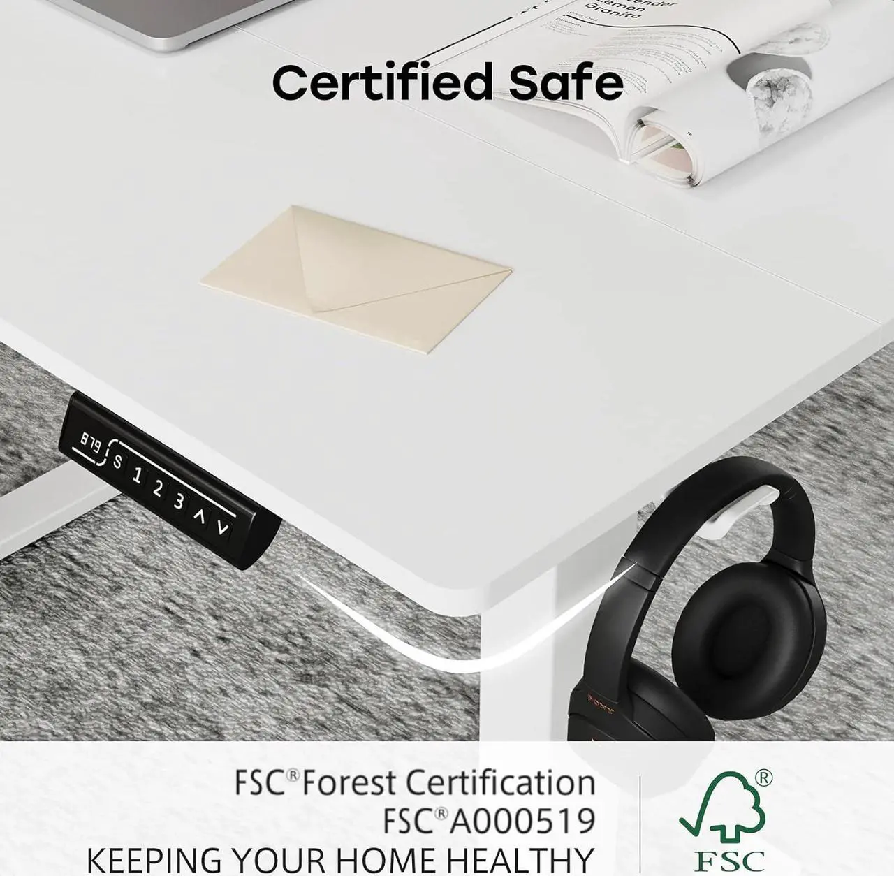 Alt view image 6 of 7 - JYLH JOYSEEKER White Standing Desk, 48 X 24 Inch Adjustable Height Electric Desk, Sit Stand Desk with 2 Hooks, Ergonomic Rising Desk with Memory Controller