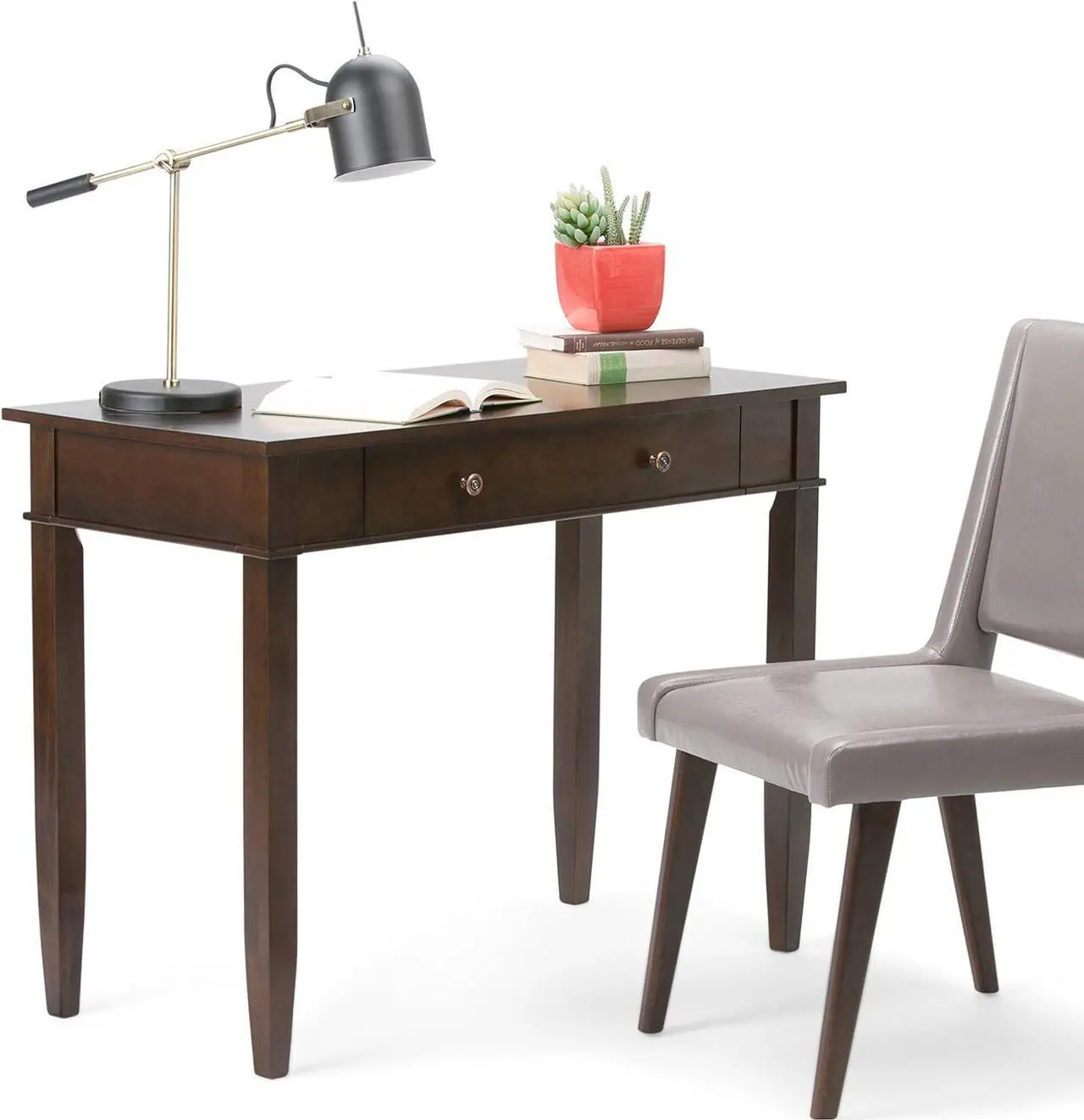 Alt view image 4 of 7 - SIMPLIHOME Carlton SOLID WOOD Transitional Modern 42 inch Wide Home Office Desk, Writing Table, Workstation, Study Table Furniture in Dark Tobacco Brown with 1 Drawer