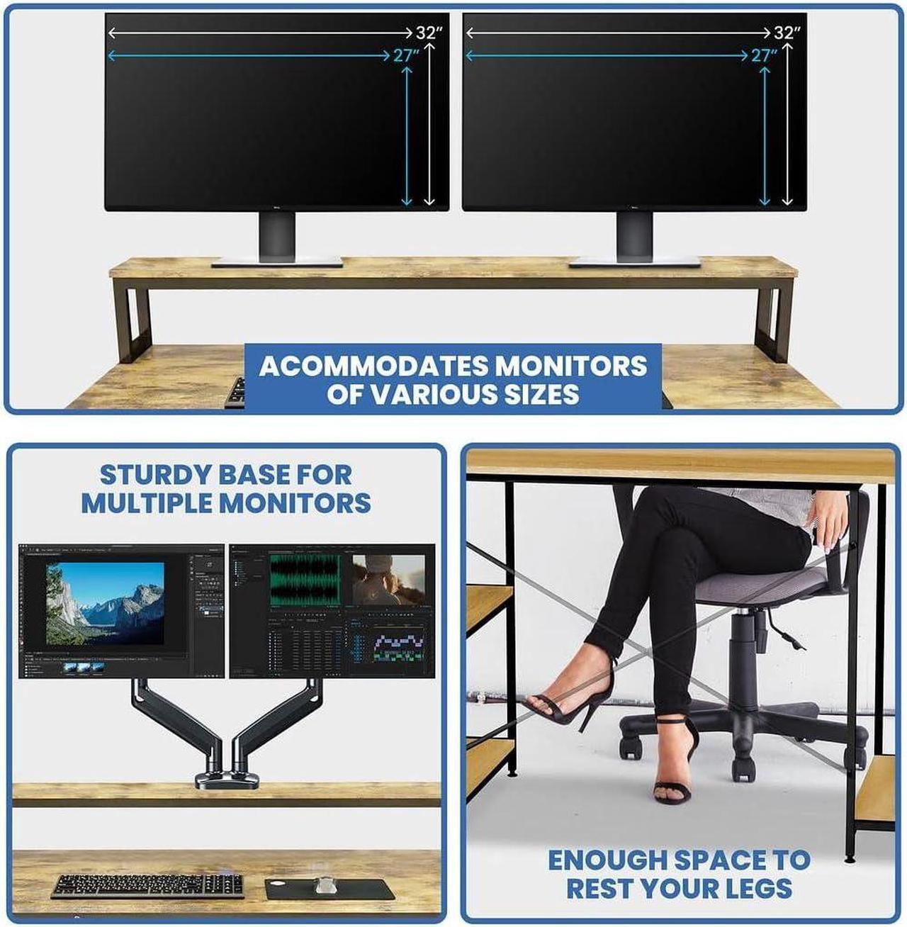 Alt view image 3 of 6 - Halter Wood Computer Desk with Monitor Shelf, 55 inch Industrial Studio Gaming Desk with Storage, Dual Monitor Stand, Home Office PC Desk, Modern Rustic Compact Writing Desk, Walnut and Black