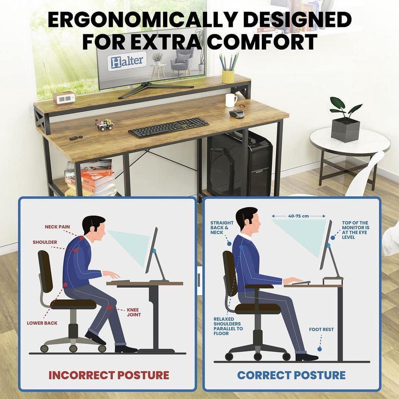 Alt view image 5 of 6 - Halter Wood Computer Desk with Monitor Shelf, 55 inch Industrial Studio Gaming Desk with Storage, Dual Monitor Stand, Home Office PC Desk, Modern Rustic Compact Writing Desk, Walnut and Black