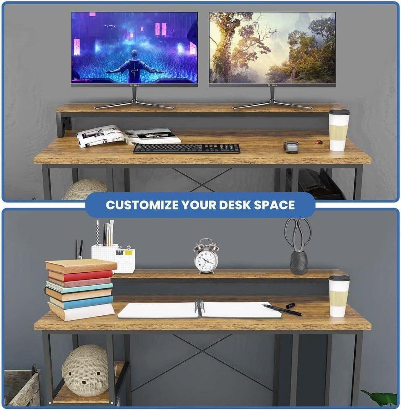 Alt view image 6 of 6 - Halter Wood Computer Desk with Monitor Shelf, 55 inch Industrial Studio Gaming Desk with Storage, Dual Monitor Stand, Home Office PC Desk, Modern Rustic Compact Writing Desk, Walnut and Black