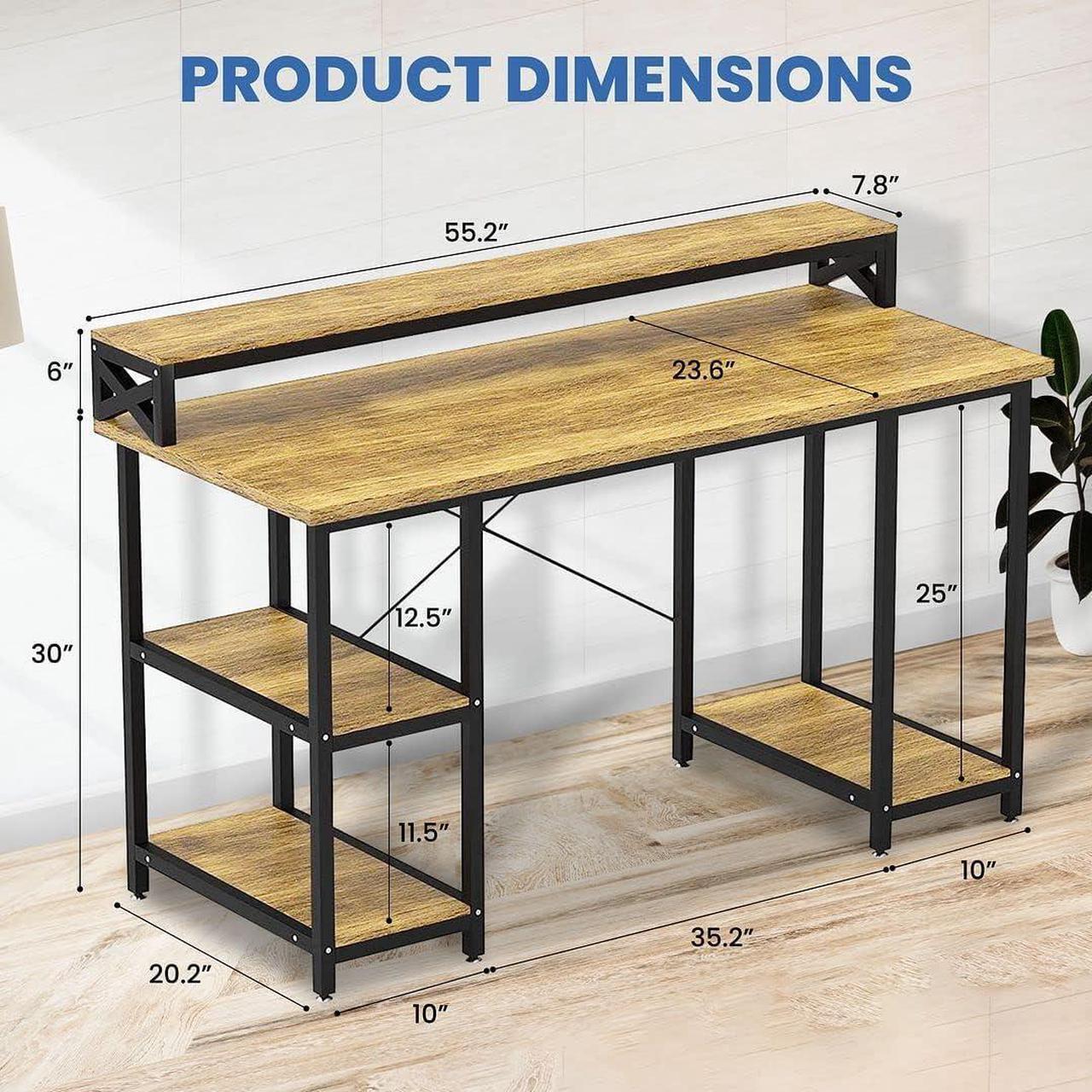 Alt view image 2 of 6 - Halter Wood Computer Desk with Monitor Shelf, 55 inch Industrial Studio Gaming Desk with Storage, Dual Monitor Stand, Home Office PC Desk, Modern Rustic Compact Writing Desk, Walnut and Black