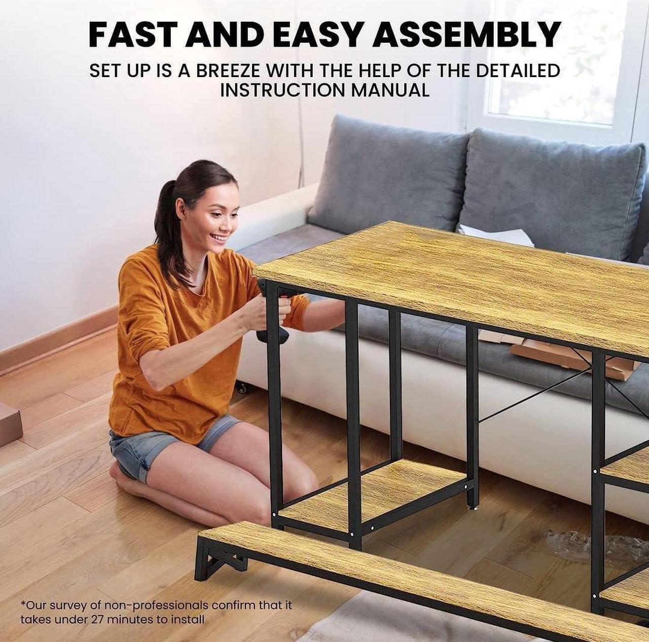Alt view image 4 of 6 - Halter Wood Computer Desk with Monitor Shelf, 55 inch Industrial Studio Gaming Desk with Storage, Dual Monitor Stand, Home Office PC Desk, Modern Rustic Compact Writing Desk, Walnut and Black