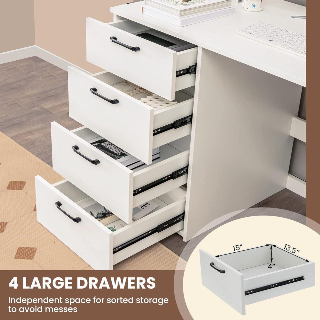 Alt view image 6 of 7 - Giantex White Computer Desk with 4 Large Drawers, Home Office Laptop PC Desk, Writing Table, Modern Computer Workstation for Bedroom Study Room