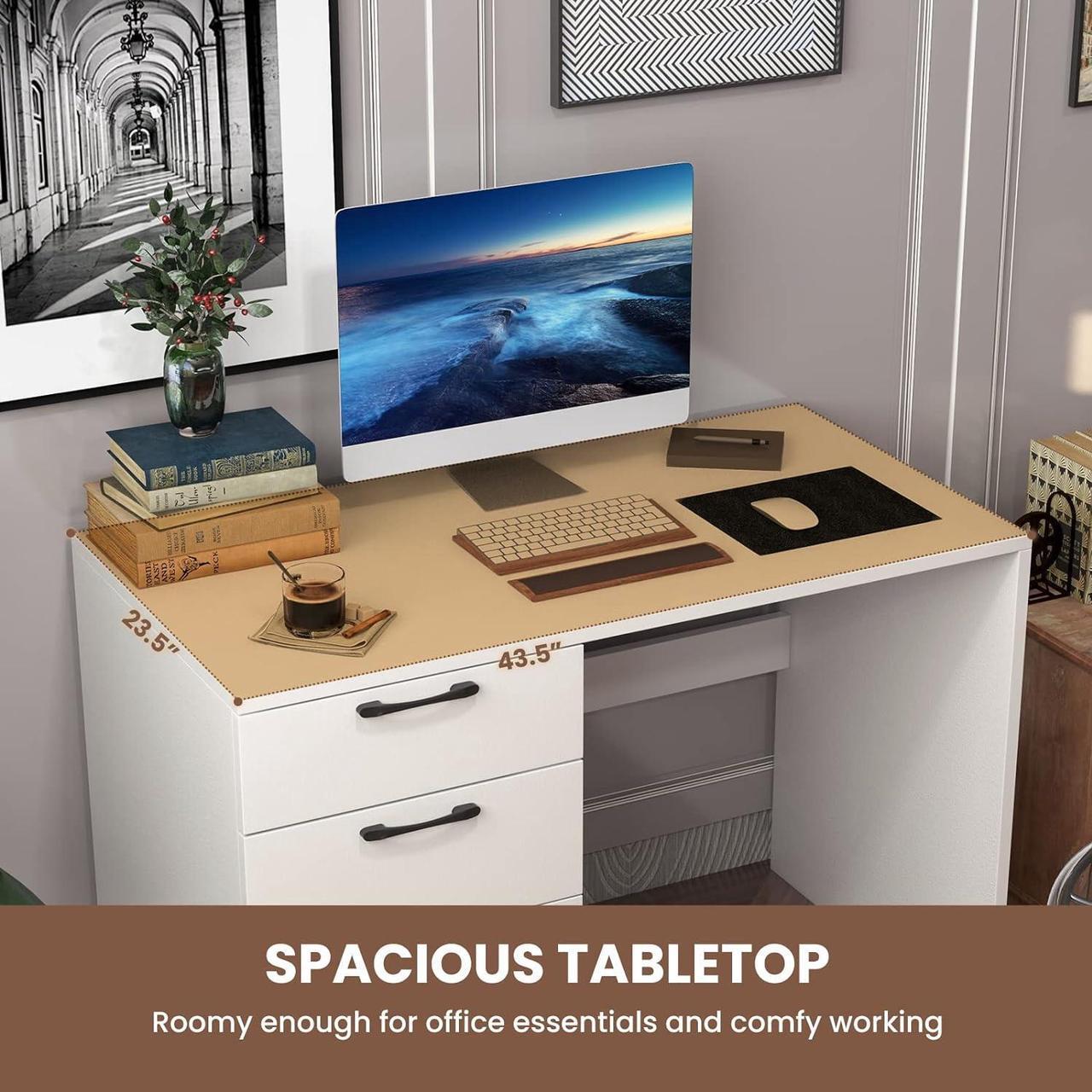 Alt view image 7 of 7 - Giantex White Computer Desk with 4 Large Drawers, Home Office Laptop PC Desk, Writing Table, Modern Computer Workstation for Bedroom Study Room