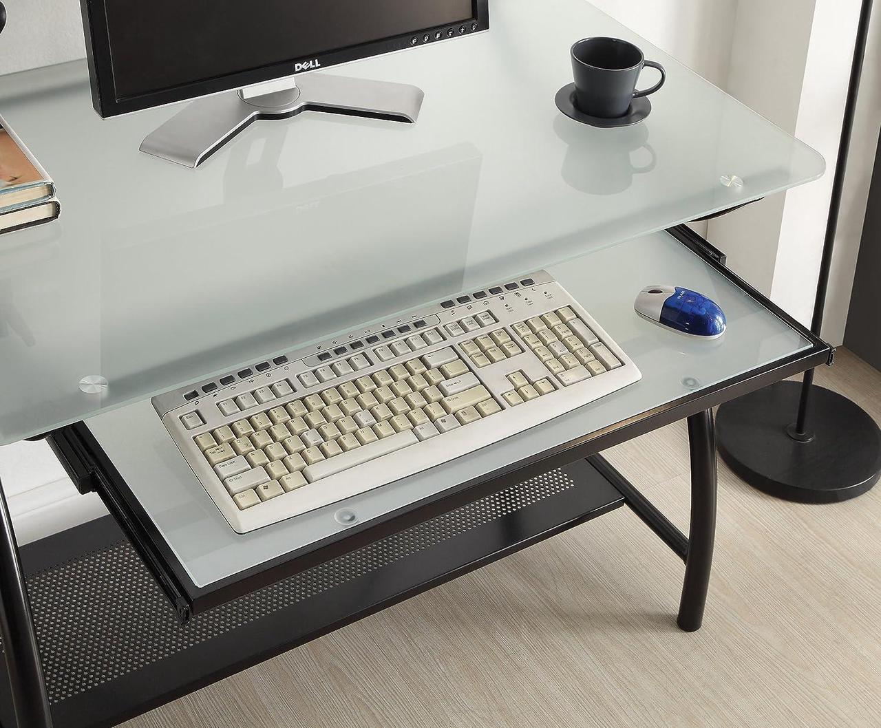 Alt view image 4 of 4 - OSP Designs OSP Designs Newport Computer Desk with Frosted Tempered Glass Top, Pullout Keyboard Tray, and Black Powder Coated Steel Frame