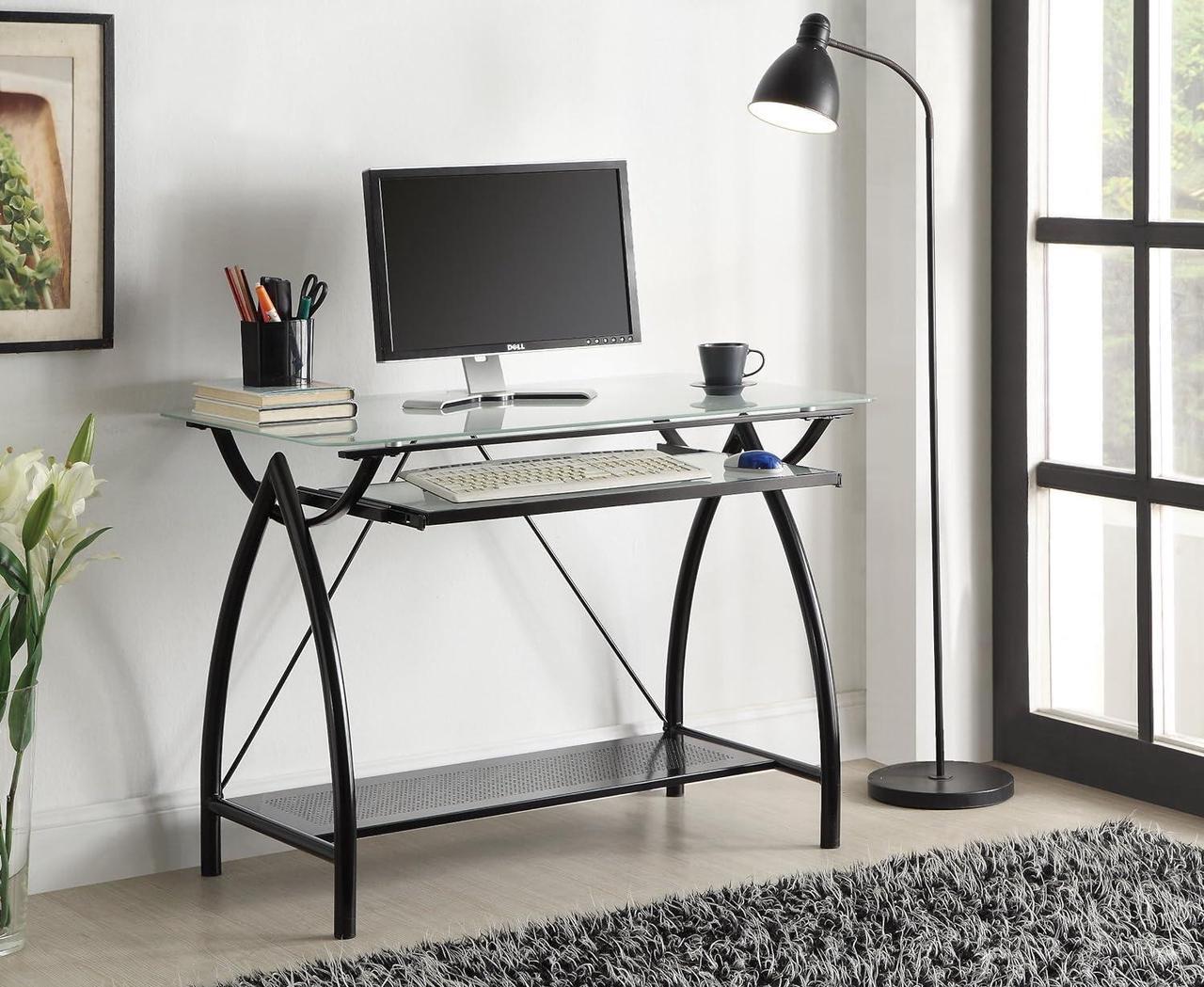 Alt view image 2 of 4 - OSP Designs OSP Designs Newport Computer Desk with Frosted Tempered Glass Top, Pullout Keyboard Tray, and Black Powder Coated Steel Frame