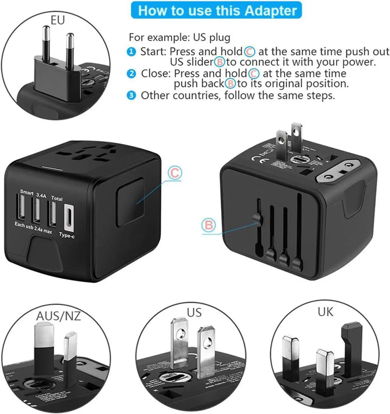 Alt view image 3 of 7 - SAUNORCH Universal International Travel Power Adapter W/High Speed 2.4A USB, 3.0A Type-C Wall Charger, European Adapter, Worldwide AC Outlet Plugs Adapters for Europe, UK, US, AU, Asia-Black