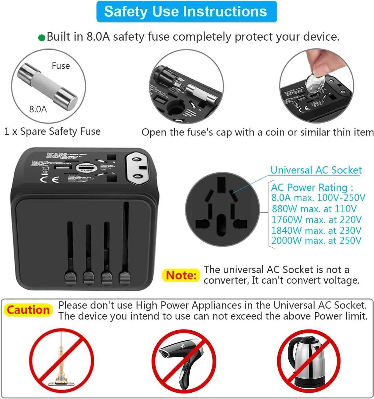Alt view image 5 of 7 - SAUNORCH Universal International Travel Power Adapter W/High Speed 2.4A USB, 3.0A Type-C Wall Charger, European Adapter, Worldwide AC Outlet Plugs Adapters for Europe, UK, US, AU, Asia-Black