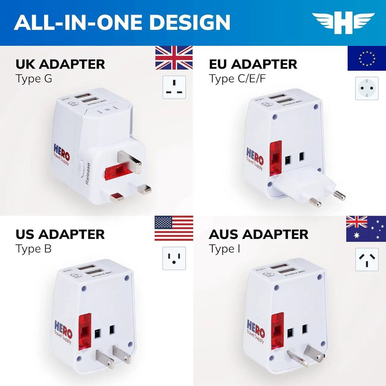 Alt view image 4 of 7 - Universal Travel Adapter (2 USB Ports)  Power Plug for US Europe France UK Ireland Thailand NZ Australia 100+ Countries (2-Pack)