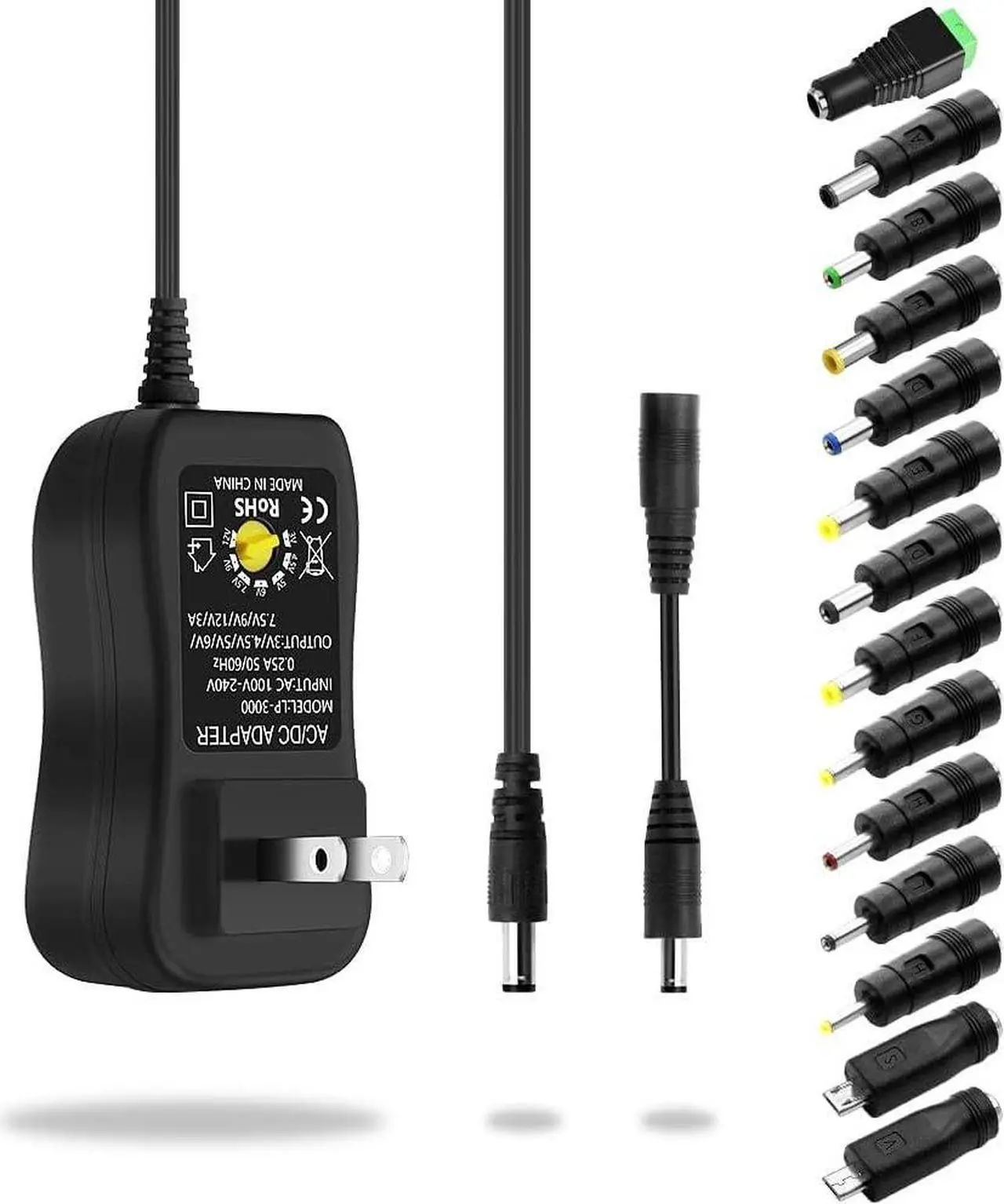 Main image of Aclorol 36W Universal AC/DC Power Adapter 3~12V 3A Adjustable Power Supply 100V-240V AC to DC 3V-12V 9V 7.5V 6V 5V 4.5V 3V 3A 2.5A 2A 1A Converter Switching with Polarity Converter & 14 Tips