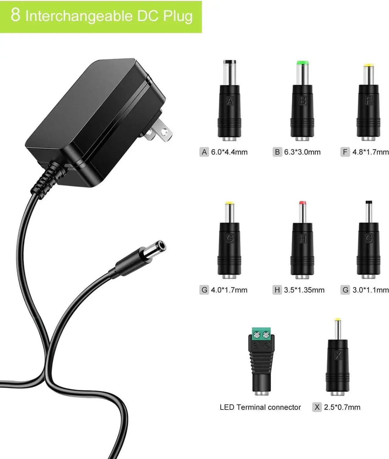 Alt view image 2 of 6 - 12V 2A Power Adapter AC Power Supply Cord 12 Volts 2 Amps Regulated Switching Charger with 8 Interchangeable DC Plug for 2000mA 1500mA 1000mA 900mA 850mA 800mA 700mA 600mA 500mA Equipment