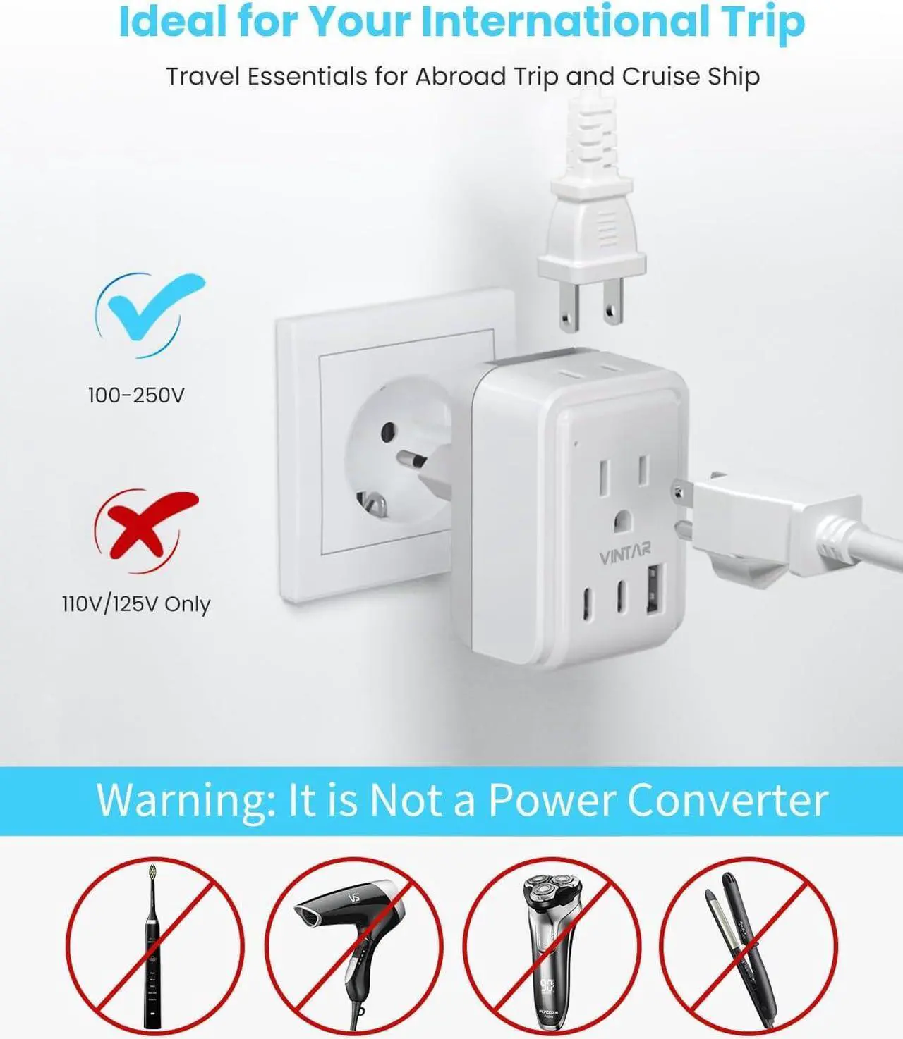 Alt view image 6 of 6 - Universal Travel Adapter Kit, International Power Adapter with 3 USB Ports (2 USB C, 3.4A) and 2 AC, Type A,C,D,E/F,G,H,I,L,M Detachable Attachments, Adapter for India/Africa/EU/UK//AU/JP/US