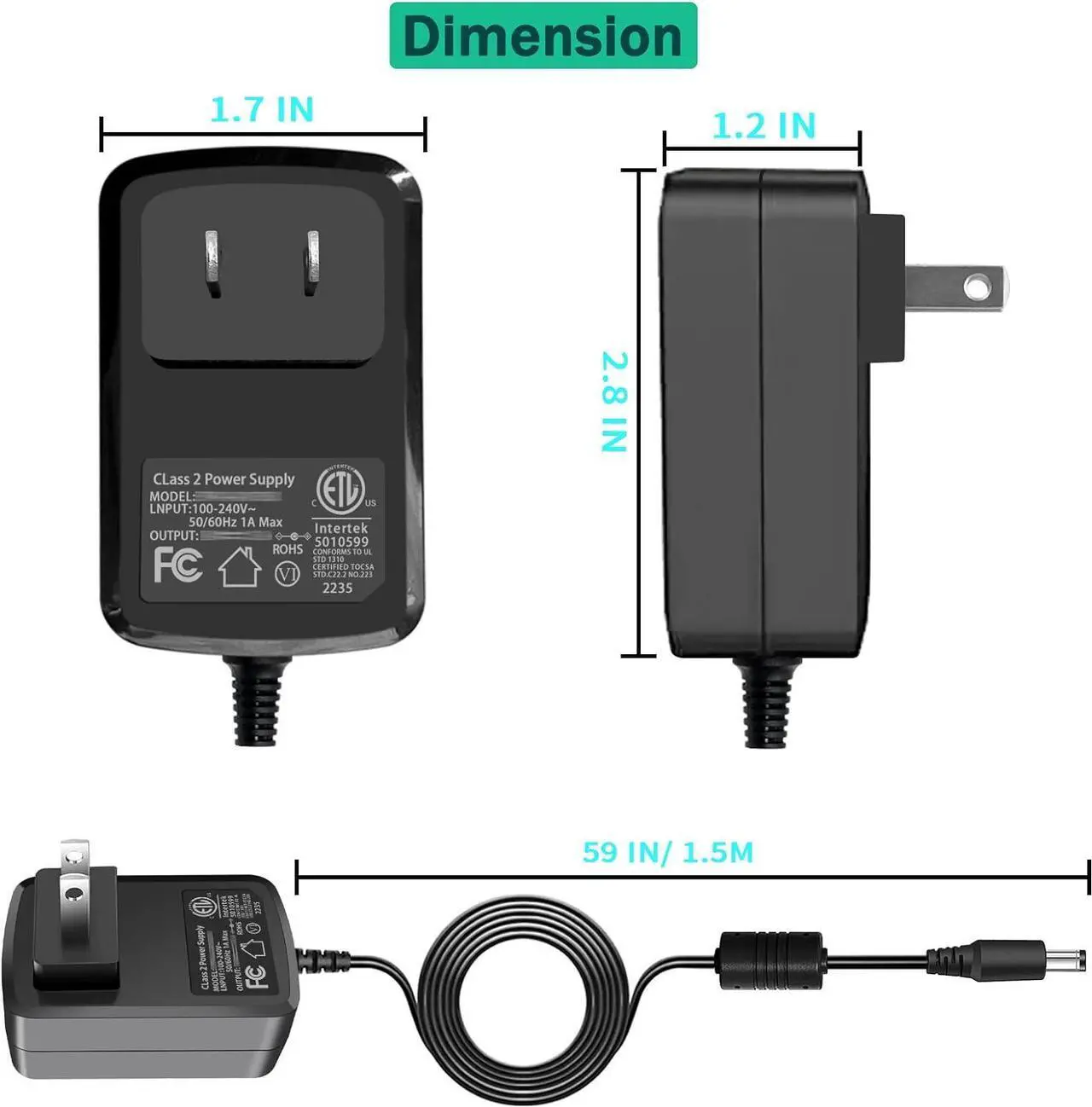 Alt view image 7 of 7 - 24V DC Power Supply Cord 24Vdc 1.5A 1A Power Adapter AC 110-240V DC in 24 Volts 1A 0.5A Wall Charger for DC24V Massage Gun LED Strip Light LED Floor Lamp Soundbar Diffuser Humidifier.