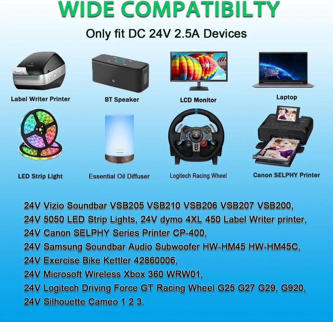 Alt view image 3 of 7 - Gonine 24V 2.5A Soundbar Power Supply Charger Cord, 100-240V 50-60Hz 24 Volt 60W 45W AC Adapter for 24Vdc LED Strips Light Vizio Samsung Sound bar Dymo Labels Printer.