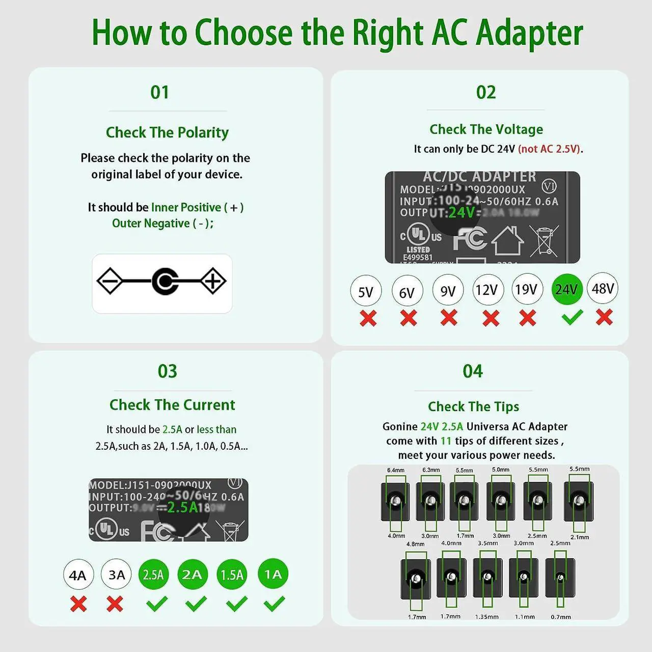 Alt view image 4 of 7 - Gonine 24V 2.5A Soundbar Power Supply Charger Cord, 100-240V 50-60Hz 24 Volt 60W 45W AC Adapter for 24Vdc LED Strips Light Vizio Samsung Sound bar Dymo Labels Printer.
