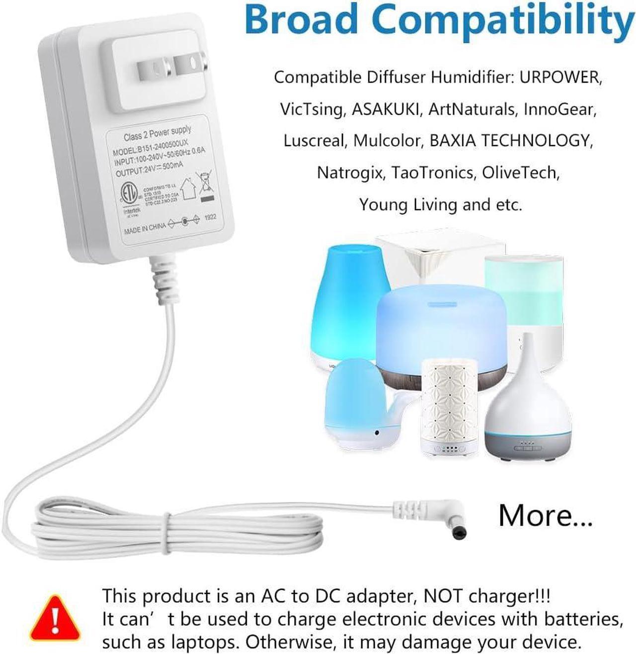 Alt view image 3 of 7 - 24V 0.5A 500mA Power Supply Adapter for Essential Oil Diffuser Aromatherapy Humidifier ETL Listed Class 2 Power Adapter 100V~240V AC to DC 24 Volt 12W Converter 5.5x2.1mm Tip 6ft Power Cord